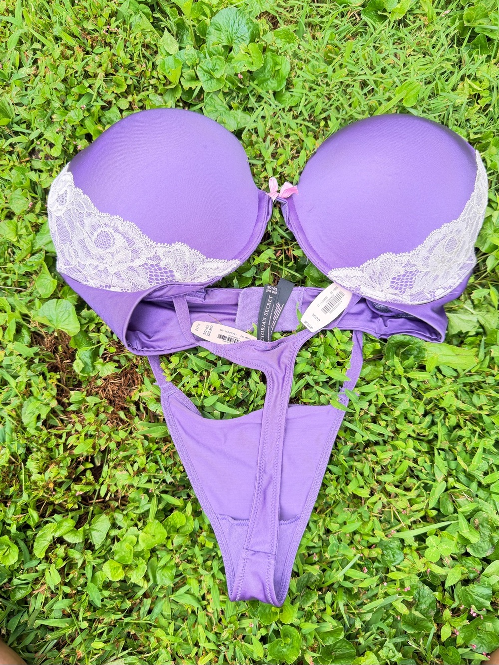 Victoria's Secret Purple Bra and Thong Set with Cream Lace
